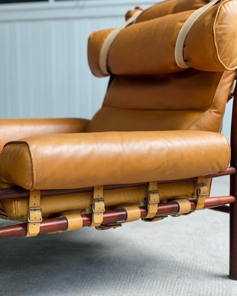 Arne Norell „Inca“ Lounge Chair Sessel Cognac Büffel Leder Holz Mit Ottoman 1970er