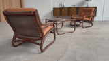 IKEA „BADEN“ BAMBOO COGNAC LEATHER SEATING GROUP 2 ARMCHAIRS, SOFA & COFFEE TABLE, SWEDEN 1970s