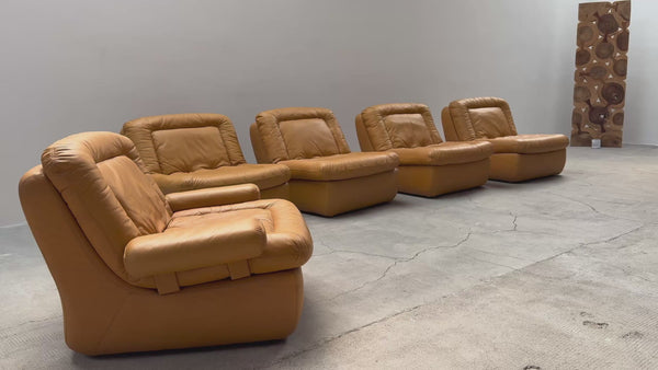 DREIPUNKT MODULAR SECTIONAL SOFA ARMCHAIRS LEATHER YELLOW, GERMANY 1970s