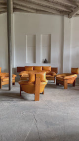 BRAZILIAN DESIGN BRUTALIST SEATING GROUP LEATHER OAK, 1970s