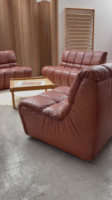CARL STRAUB SECTIONAL MODULAR LOUNGE SEATING GROUP EASY CHAIR & SOFA LEATHER, GERMANY 1970s
