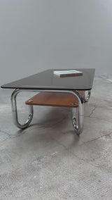 XL MIDCENTURY COFFEE TABLE CHROMED TUBULAR STEEL BROWN GLASS, 1960s