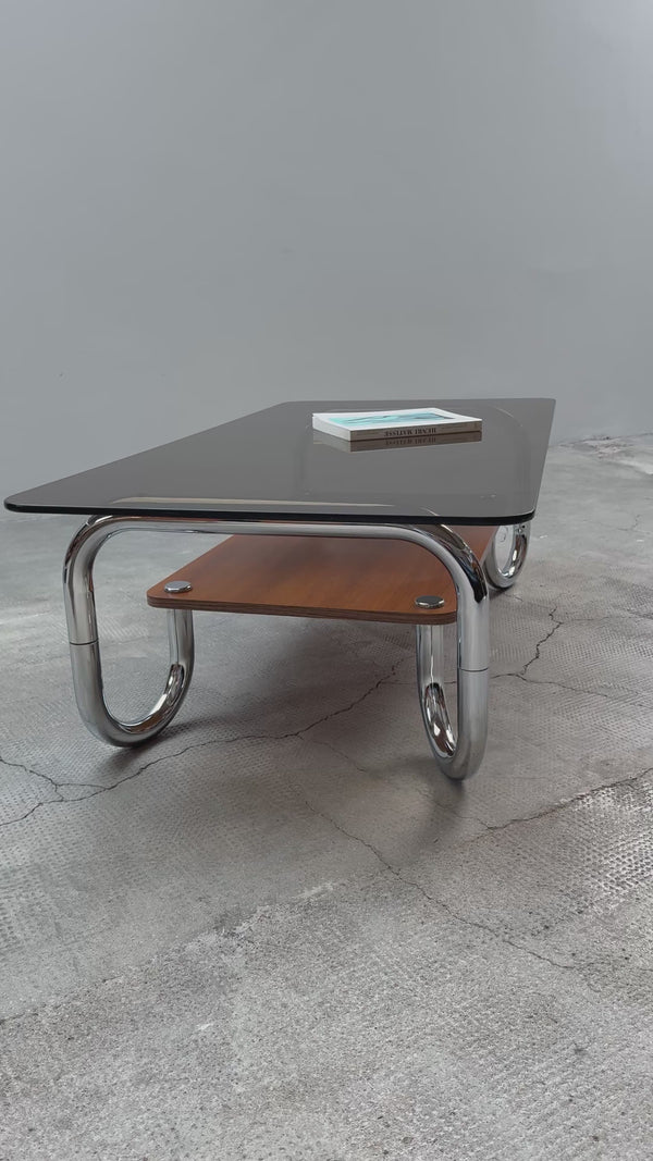 XL MIDCENTURY COFFEE TABLE CHROMED TUBULAR STEEL BROWN GLASS, 1960s