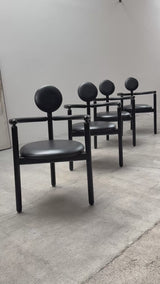 4 VICO MAGISTRETTI „PAN“ CHAIRS FOR ROSENTHAL ASH WOOD & BLACK LEATHER, 1980s