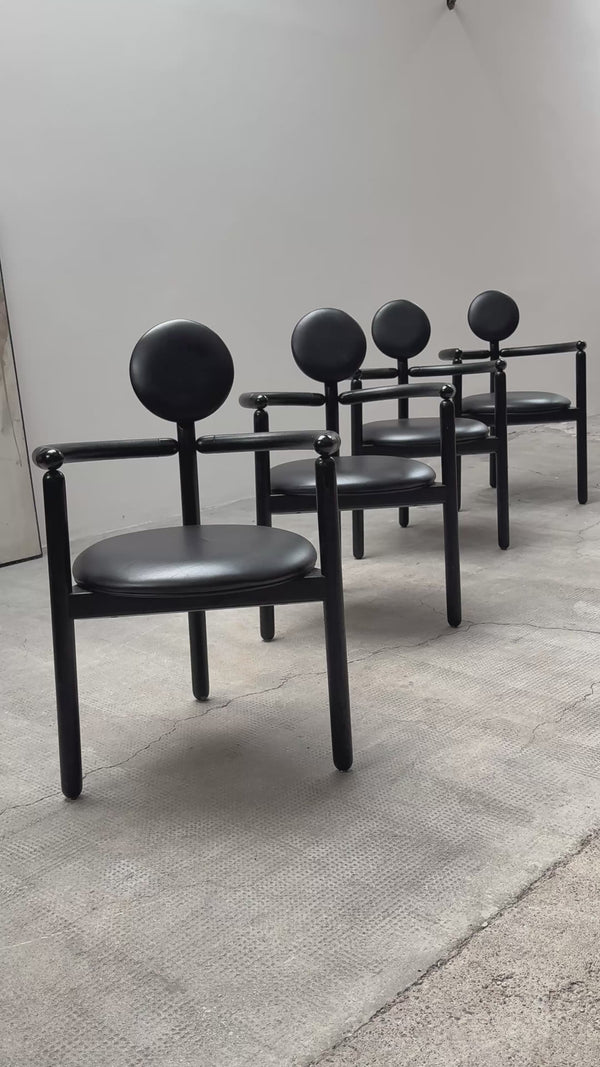 4 VICO MAGISTRETTI „PAN“ CHAIRS FOR ROSENTHAL ASH WOOD & BLACK LEATHER, 1980s