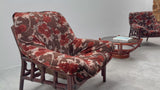 SET OF 2 BAMBOO CHAIRS WITH FLORAL PATTERN & COFFEE TABLE, ITALY 1970s