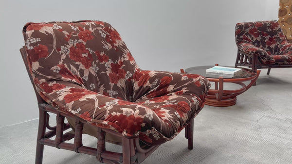 SET OF 2 BAMBOO CHAIRS WITH FLORAL PATTERN & COFFEE TABLE, ITALY 1970s
