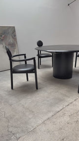 VICO MAGISTRETTI „PAN“ 4 LEATHER DINING CHAIRS & ERWIN NAGEL „QUADRONDO“ DINING TABLE ASH WOOD, 1980s