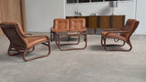 IKEA „BADEN“ BAMBOO COGNAC LEATHER SEATING GROUP 2 ARMCHAIRS, SOFA & COFFEE TABLE, SWEDEN 1970s