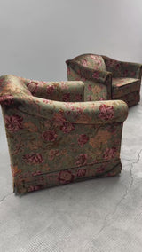 SILK VELVET FLOWERS PATTERNED GREEN ARMCHAIRS, ITALY 1960s