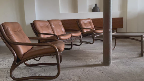 IKEA „BADEN“ BAMBOO COGNAC LEATHER SEATING GROUP 2 ARMCHAIRS, SOFA & COFFEE TABLE, SWEDEN 1970s