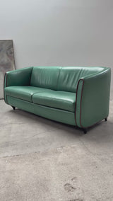 DE SEDE GREEN LEATHER ART DECO ROCKABILLY SOFA, SWITZERLAND 1970s