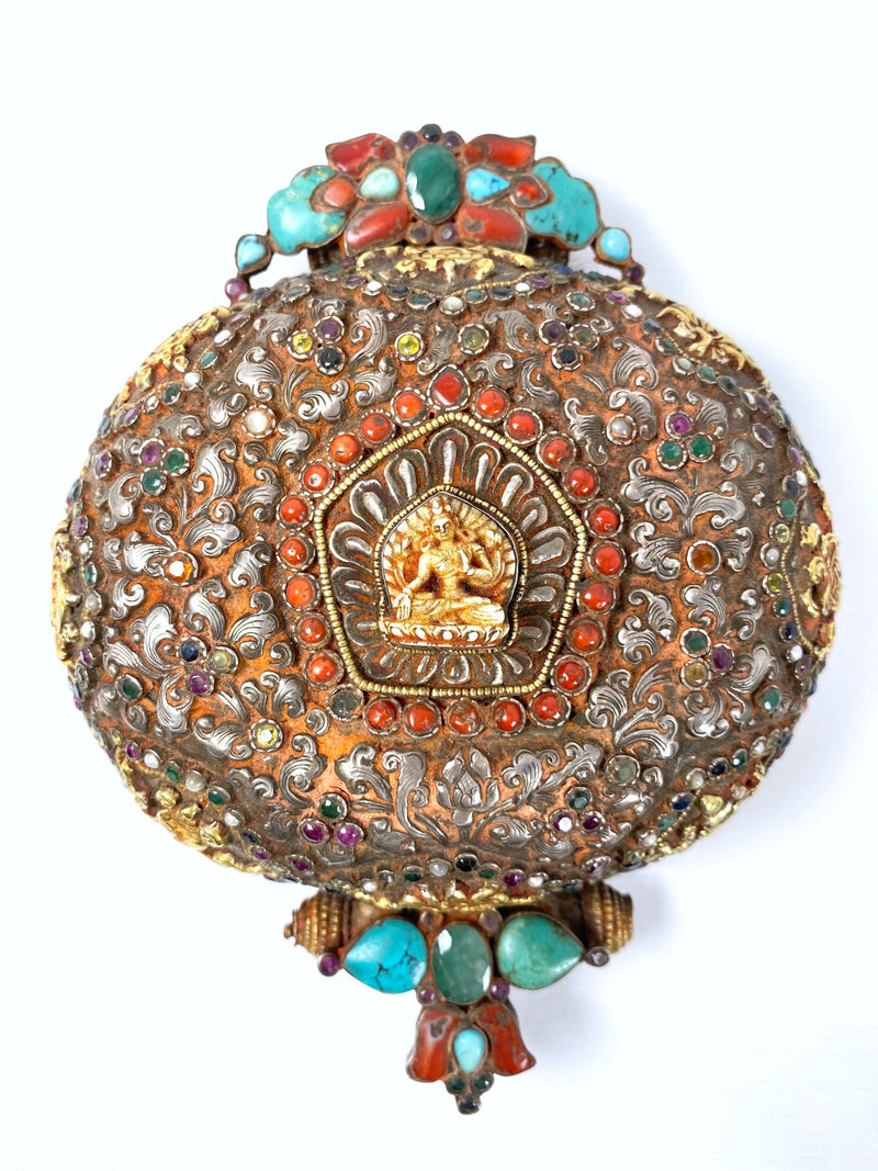 Antiker Tibetischer "Ghau" Mönch Reisealtar Silber Feuervergoldet Mit Halbedelsteinen