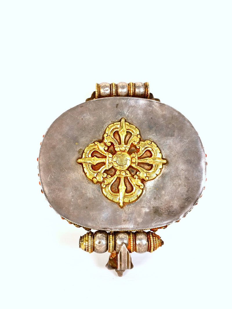 Antiker Tibetischer "Ghau" Mönch Reisealtar Silber Feuervergoldet Mit Halbedelsteinen