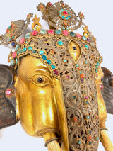 Feuervergoldeter Bronze Ganesha Kopf mit Edelsteinen Indien