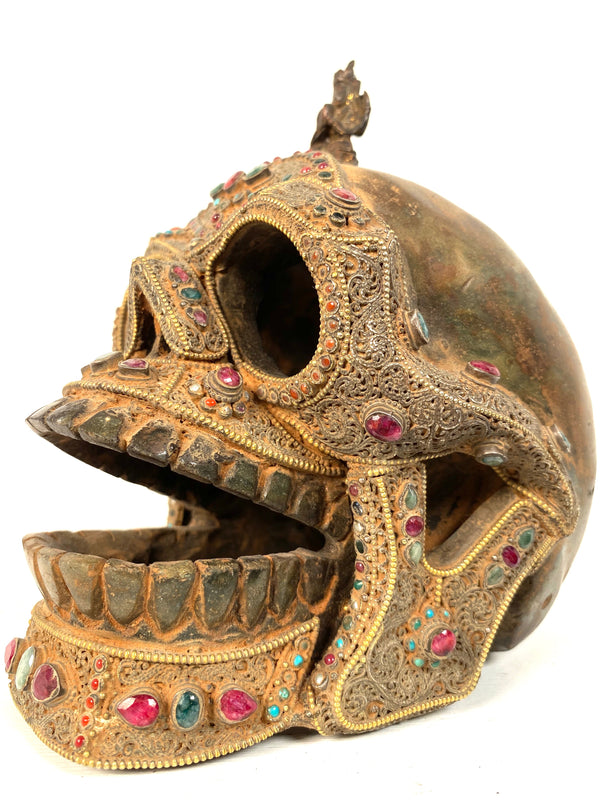 Tibet Kapala Zeremonieller Jade Kopf Totenkopf Skull Mit Edelsteinen