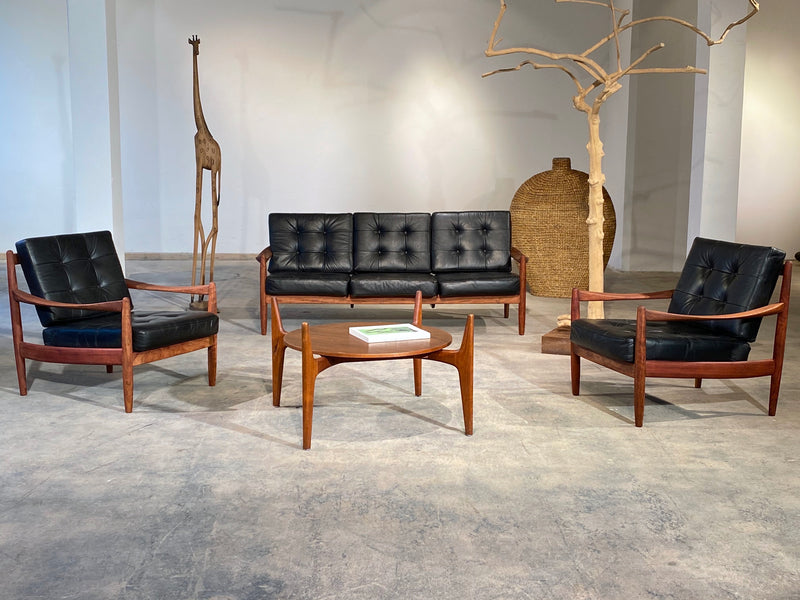 Midcentury Sofa & Easy Chair Sessel Set Dänemark Danish Teak Wood Holz Leder Leather Schwarz