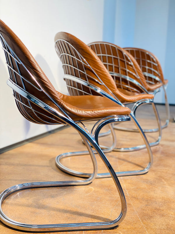 SET OF 8 GASTONE RINALDI FOR THEMA „SABRINA“ CANTILEVER CHAIRS LEATHER, ITALY 1970s