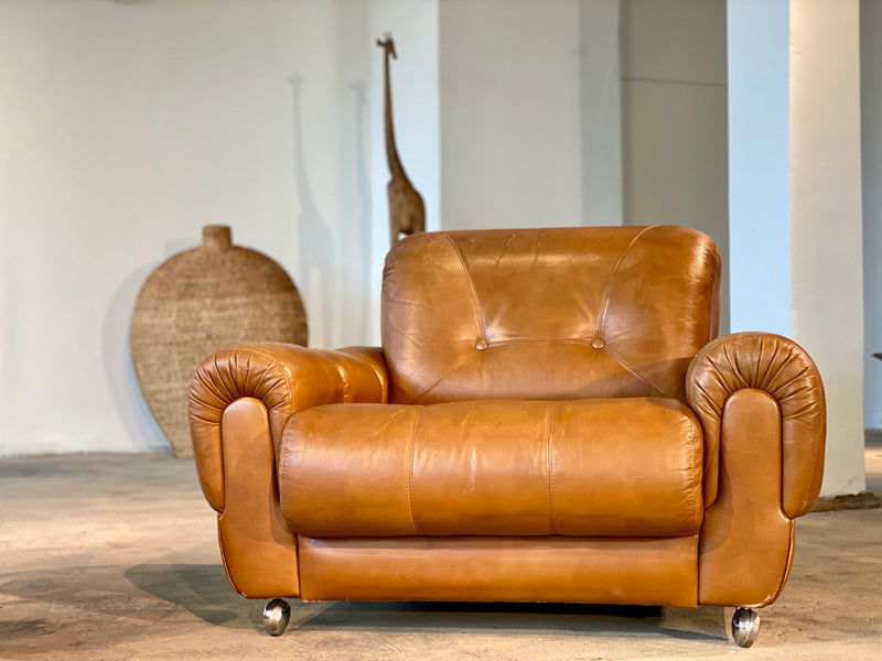 1970er Jahre Vintage Cognac Leder 2-Sitzer Sofa und Sessel Set