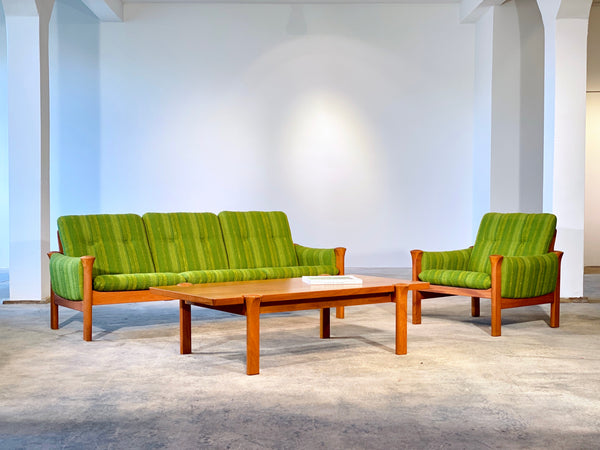 Arne Vodder For Cado Denmark Midcentury 3 Seater / Sofa Armchair / Easy Chair And Coffeetable In Teak Wood And Green Fabric