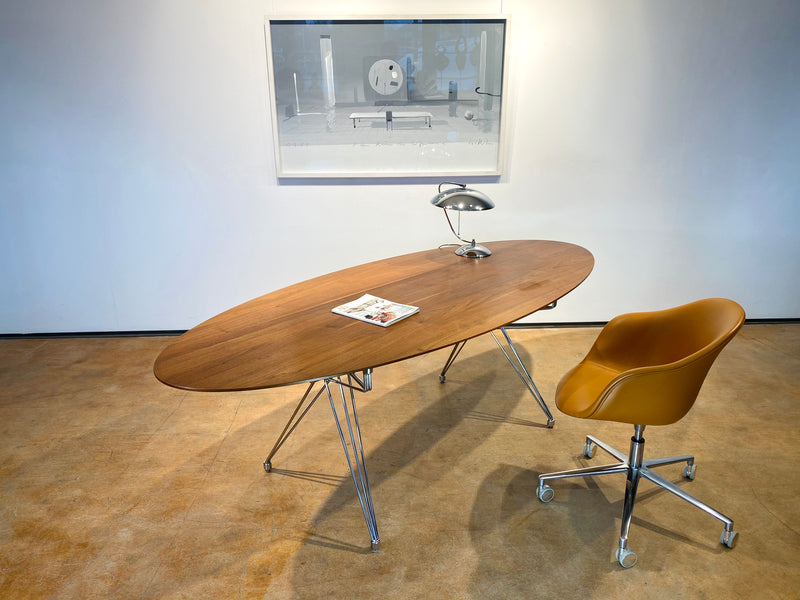 Nussbaum Oval Chrom Mid-Century Design Schreibtisch Desk 245cm