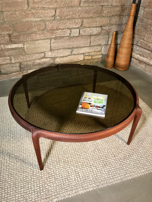 MID-CENTURY TEAK WOOD GLASS COFFEE TABLE Ø 120cm