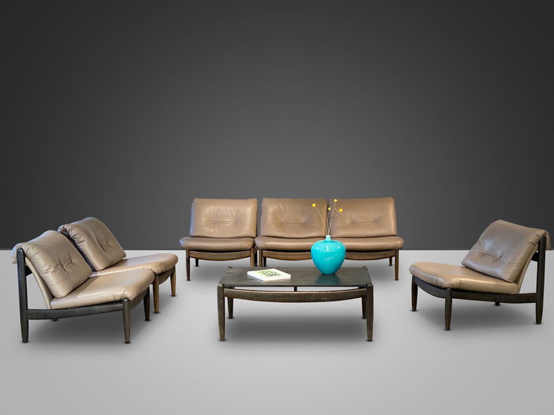 Carl Straub 1960s Modular Leather Sofa / Armchair Coffeetable Set Oak Slate