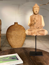 Buddha Figur Skulptur Suar Holz Schwebend Meditation Metall Ständer Vitarka Mudra