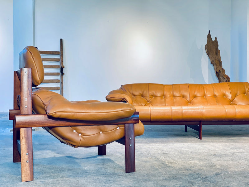 Percival Lafer MP-41 Brazilian Cognac Leather Sofa Armchair Easy Chair Coffeetable Set 1960s