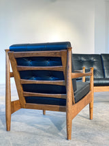 Midcentury Sofa Sessel Easy Chair Set Leder Schwarz Eiche Massiv