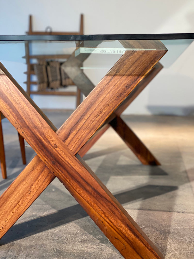 Esstisch Schreibtisch Glas X-Gestell Holz Nussbaum 230cm