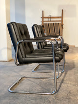 4er Set Italienische Leder Chrom Freischwinger Stühle Büro Schwarz 1980er Jahre Vintage