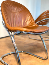 8er Set Gastone Rinaldi Für Thema Italienische Vintage Chrom Freischwinger Stühle In Cognac Leder