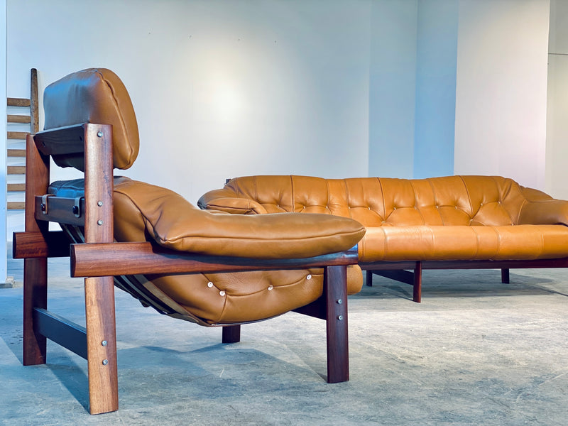 Percival Lafer MP-41 Brazilian Cognac Leather Sofa Armchair Easy Chair Coffeetable Set 1960s