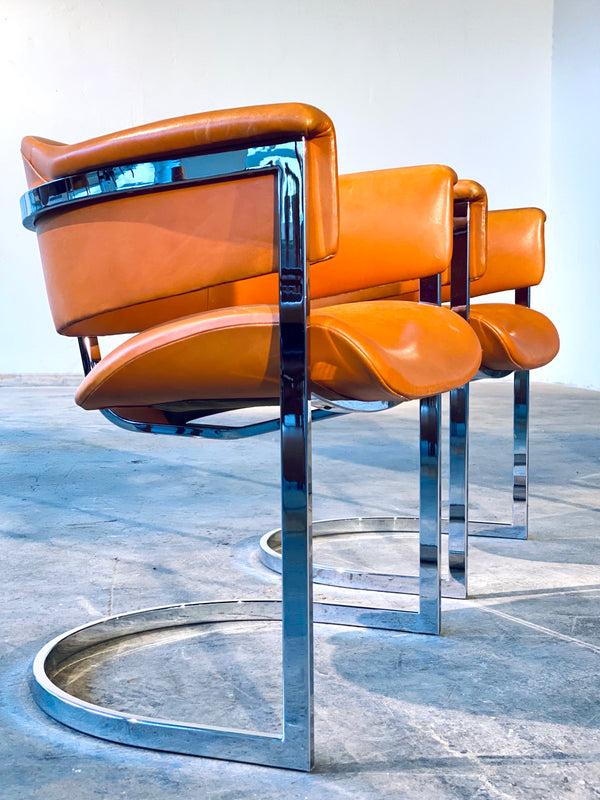 VITTORIO INTROINI CANTILEVER ARMCHAIRS COGNAC LEATHER CHROME, ITALY 1970S