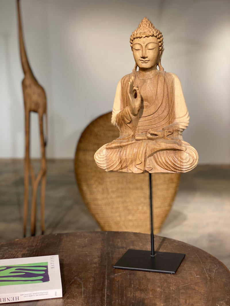 Buddha Figur Skulptur Suar Holz Schwebend Meditation Metall Ständer Vitarka Mudra