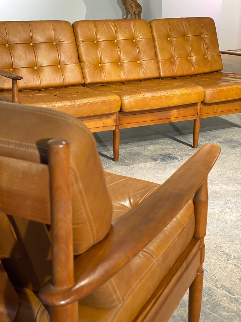 Grete Jalk Midcentury Sofa Easy Chair Sessel Set Cognac Leder Leather